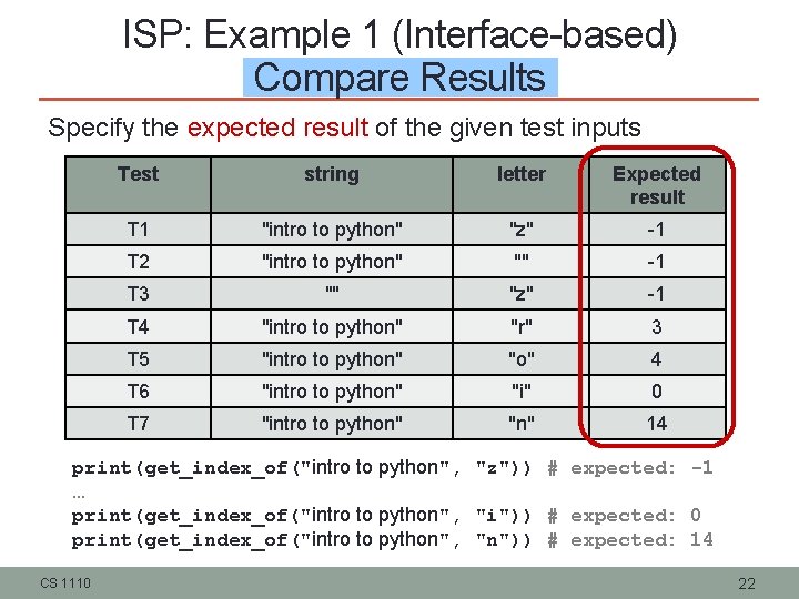 ISP: Example 1 (Interface-based) Compare Results Specify the expected result of the given test