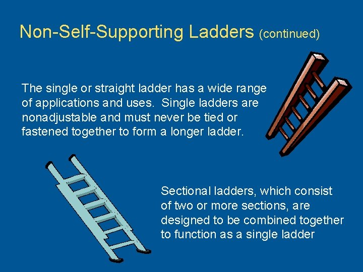 Non-Self-Supporting Ladders (continued) The single or straight ladder has a wide range of applications