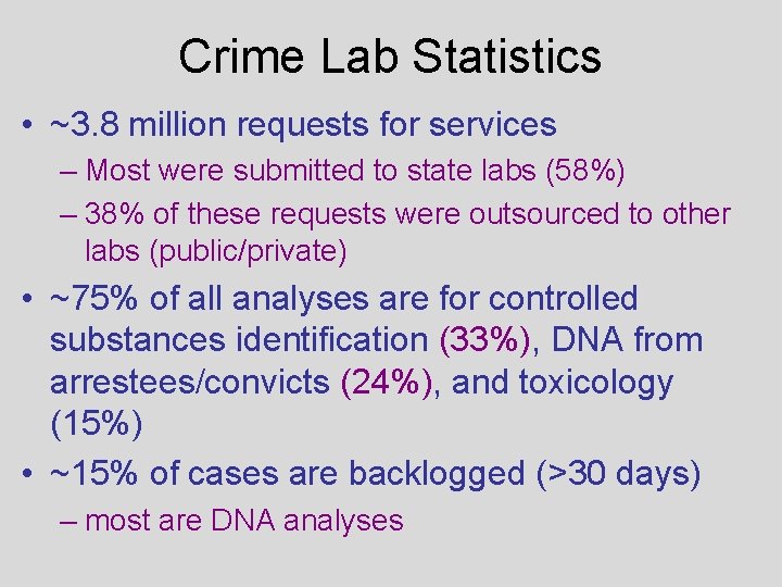 Crime Lab Statistics • ~3. 8 million requests for services – Most were submitted