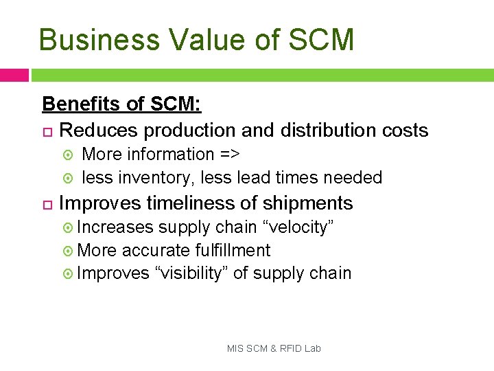 Business Value of SCM Benefits of SCM: Reduces production and distribution costs More information