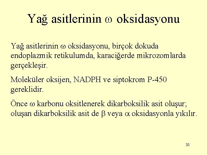 Yağ asitlerinin oksidasyonu, birçok dokuda endoplazmik retikulumda, karaciğerde mikrozomlarda gerçekleşir. Moleküler oksijen, NADPH ve