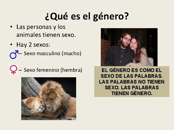 ¿Qué es el género? • Las personas y los animales tienen sexo. • Hay