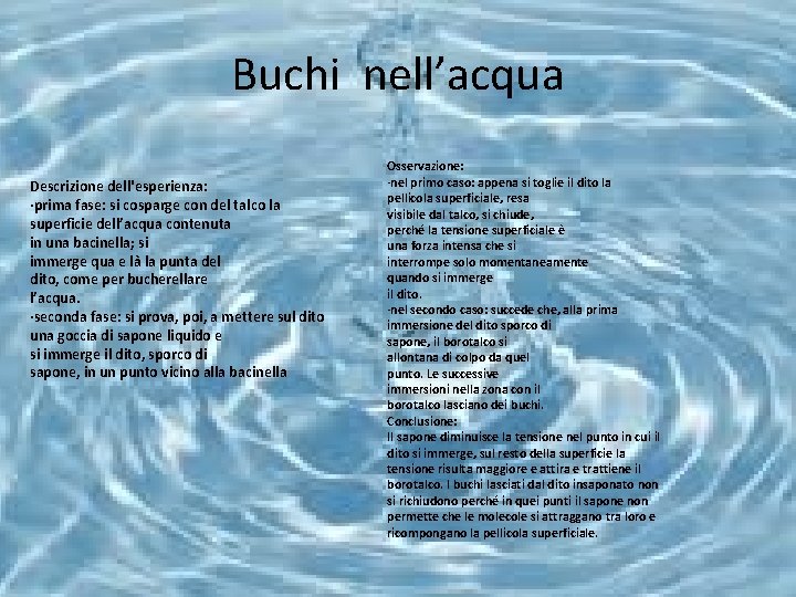 Buchi nell’acqua Descrizione dell'esperienza: ·prima fase: si cosparge con del talco la superficie dell’acqua