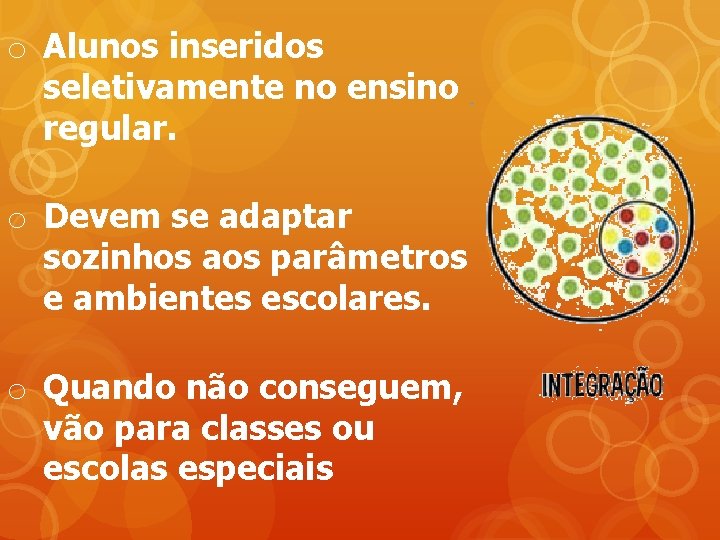 o Alunos inseridos seletivamente no ensino regular. o Devem se adaptar sozinhos aos parâmetros