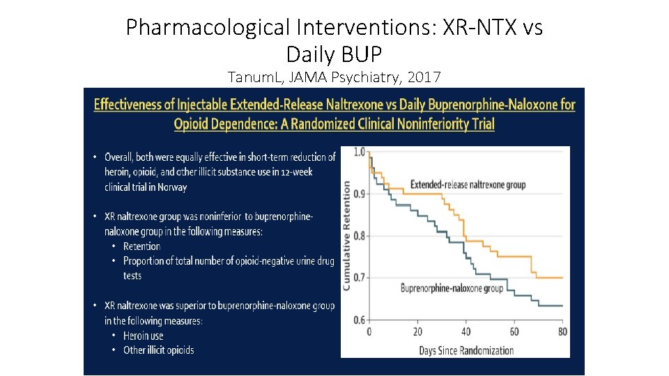 Pharmacological Interventions: XR-NTX vs Daily BUP Tanum. L, JAMA Psychiatry, 2017 