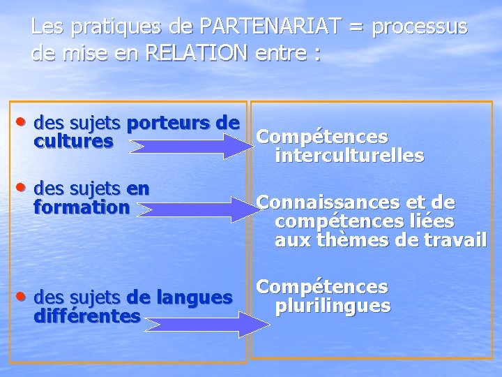 Les pratiques de PARTENARIAT = processus de mise en RELATION entre : • des