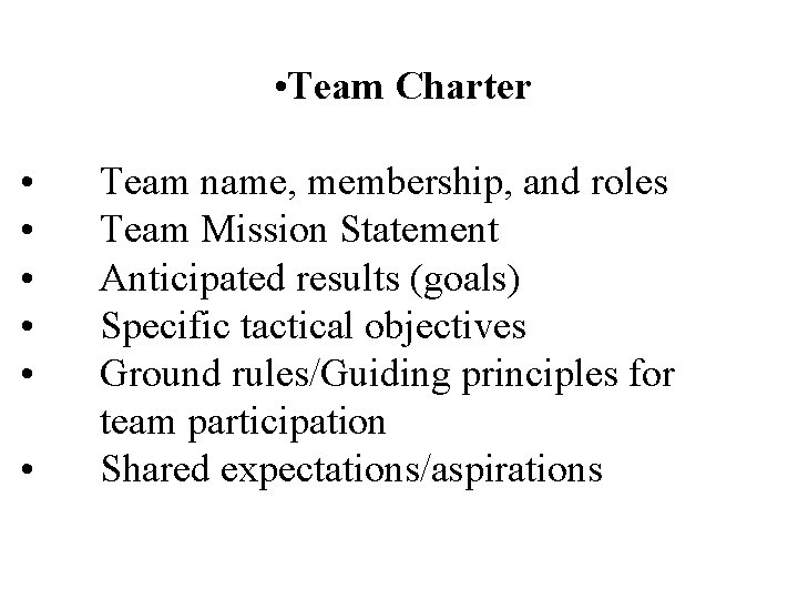  • Team Charter • • • Team name, membership, and roles Team Mission