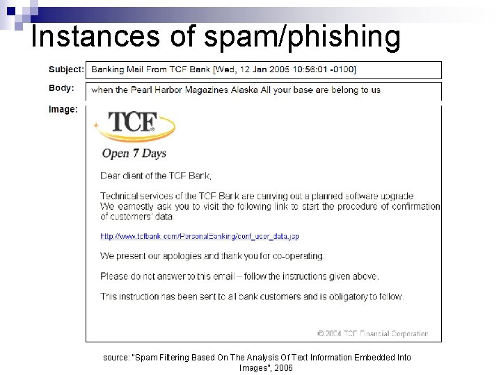 Instances of spam/phishing source: “Spam Filtering Based On The Analysis Of Text Information Embedded