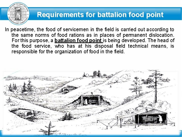 Requirements for battalion food point In peacetime, the food of servicemen in the field