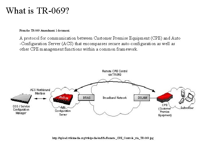 What is TR-069? From the TR-069 Amendment 1 document: A protocol for communication between What is TR-069? From the TR-069 Amendment 1 document: A protocol for communication between