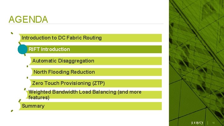 AGENDA Introduction to DC Fabric Routing RIFT Introduction Automatic Disaggregation North Flooding Reduction Zero