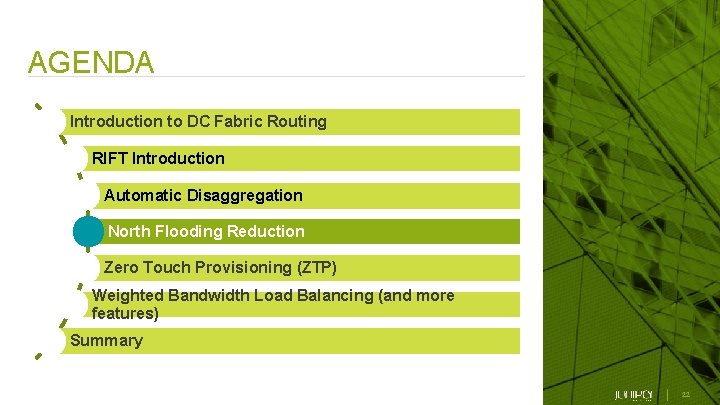 AGENDA Introduction to DC Fabric Routing RIFT Introduction Automatic Disaggregation North Flooding Reduction Zero
