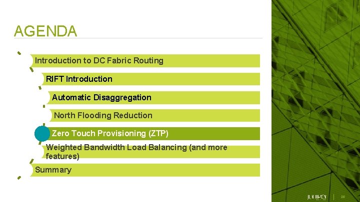 AGENDA Introduction to DC Fabric Routing RIFT Introduction Automatic Disaggregation North Flooding Reduction Zero