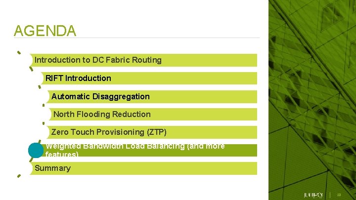 AGENDA Introduction to DC Fabric Routing RIFT Introduction Automatic Disaggregation North Flooding Reduction Zero