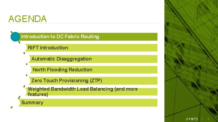 AGENDA Introduction to DC Fabric Routing RIFT Introduction Automatic Disaggregation North Flooding Reduction Zero