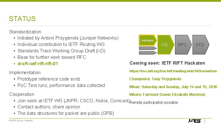 STATUS Standardization • Initiated by Antoni Przygienda (Juniper Networks) • Individual contribution to IETF