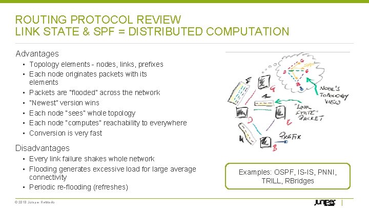 ROUTING PROTOCOL REVIEW LINK STATE & SPF = DISTRIBUTED COMPUTATION Advantages • Topology elements