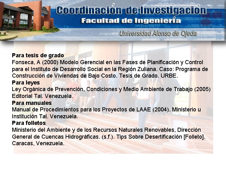 Para tesis de grado Fonseca, A (2000) Modelo Gerencial en las Fases de Planificación