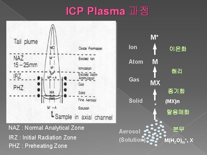 ICP Plasma 과정 M+ Ion Atom 이온화 M 해리 Gas MX 증기화 Solid (MX)n