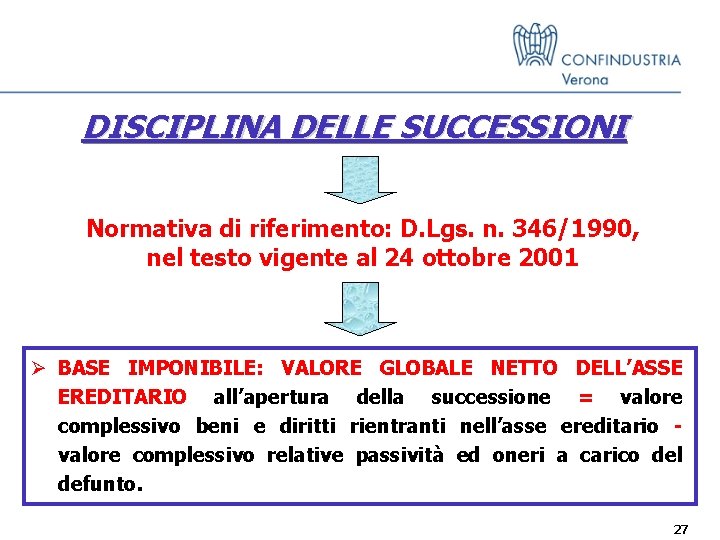 DISCIPLINA DELLE SUCCESSIONI Normativa di riferimento: D. Lgs. n. 346/1990, nel testo vigente al