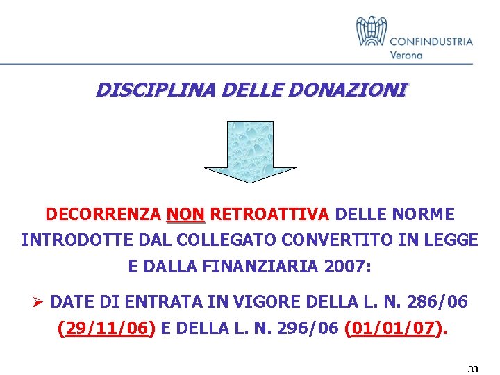 DISCIPLINA DELLE DONAZIONI DECORRENZA NON RETROATTIVA DELLE NORME INTRODOTTE DAL COLLEGATO CONVERTITO IN LEGGE