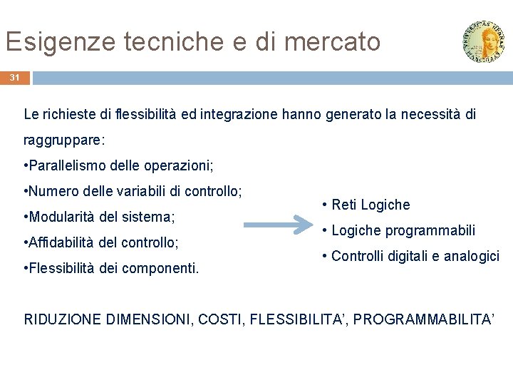 Esigenze tecniche e di mercato 31 Le richieste di flessibilità ed integrazione hanno generato