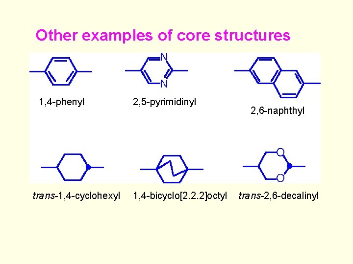 Other examples of core structures 1, 4 -phenyl trans-1, 4 -cyclohexyl 2, 5 -pyrimidinyl