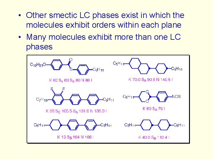  • Other smectic LC phases exist in which the molecules exhibit orders within