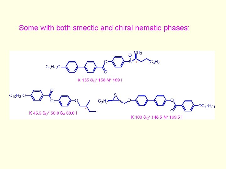 Some with both smectic and chiral nematic phases: 