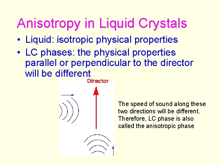 Anisotropy in Liquid Crystals • Liquid: isotropic physical properties • LC phases: the physical