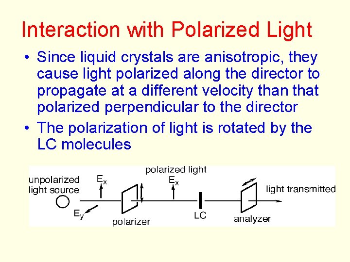 Interaction with Polarized Light • Since liquid crystals are anisotropic, they cause light polarized