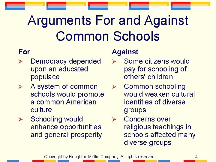 Arguments For and Against Common Schools For Ø Ø Ø Democracy depended upon an Arguments For and Against Common Schools For Ø Ø Ø Democracy depended upon an