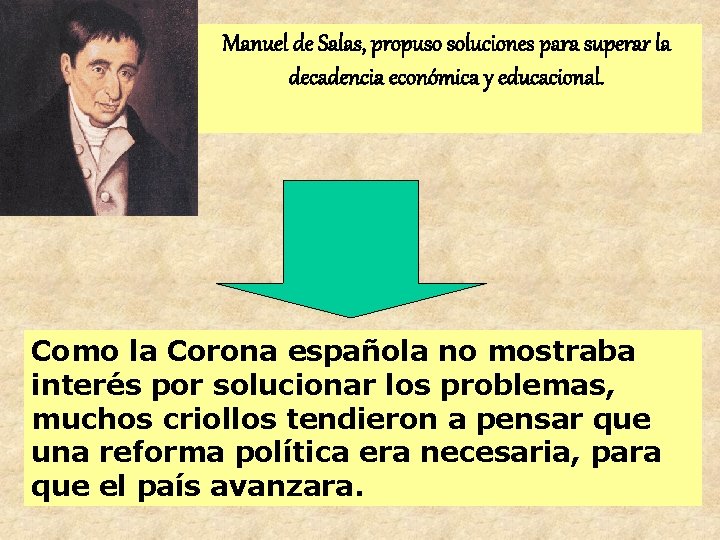Manuel de Salas, propuso soluciones para superar la decadencia económica y educacional. Como la Manuel de Salas, propuso soluciones para superar la decadencia económica y educacional. Como la