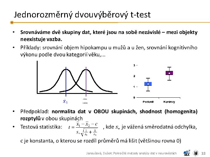 Jednorozměrný dvouvýběrový t-test • Janoušová, Dušek: Pokročilé metody analýzy dat v neurovědách 18 