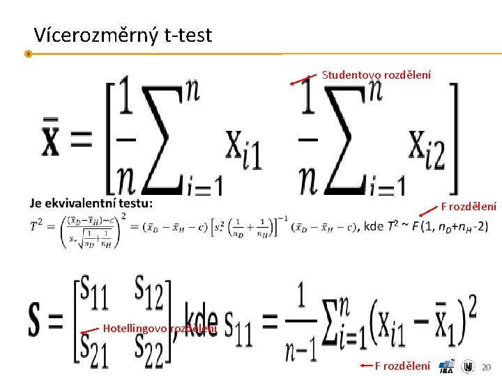 Vícerozměrný t-test • Studentovo rozdělení F rozdělení Hotellingovo rozdělení F rozdělení Janoušová, Dušek: Pokročilé