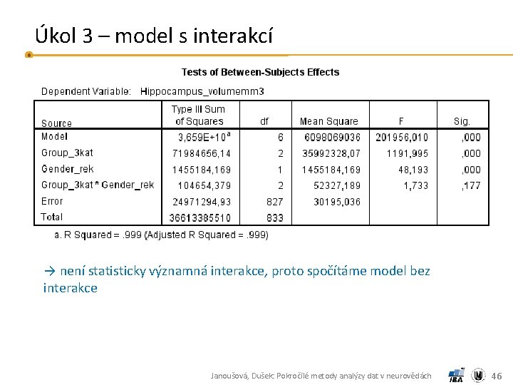 Úkol 3 – model s interakcí → není statisticky významná interakce, proto spočítáme model