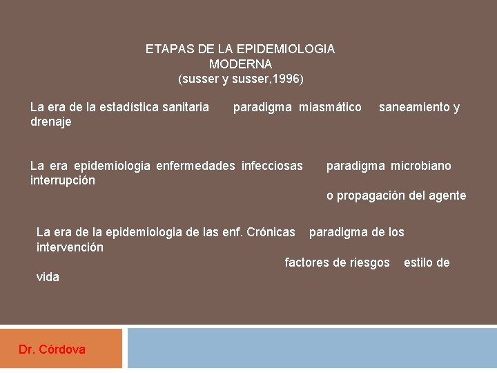 ETAPAS DE LA EPIDEMIOLOGIA MODERNA (susser y susser, 1996) La era de la estadística