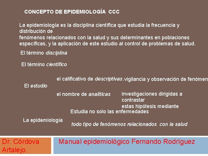 CONCEPTO DE EPIDEMIOLOGÍA CCC La epidemiología es la disciplina científica que estudia la frecuencia