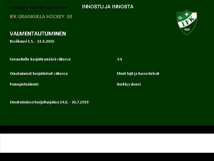JOUKKUEEN TARKEMPI SUUNNITELMA INNOSTU JA INNOSTA IFK GRANKULLA HOCKEY 03 VALMENTAUTUMINEN Kesäkausi 1. 5.