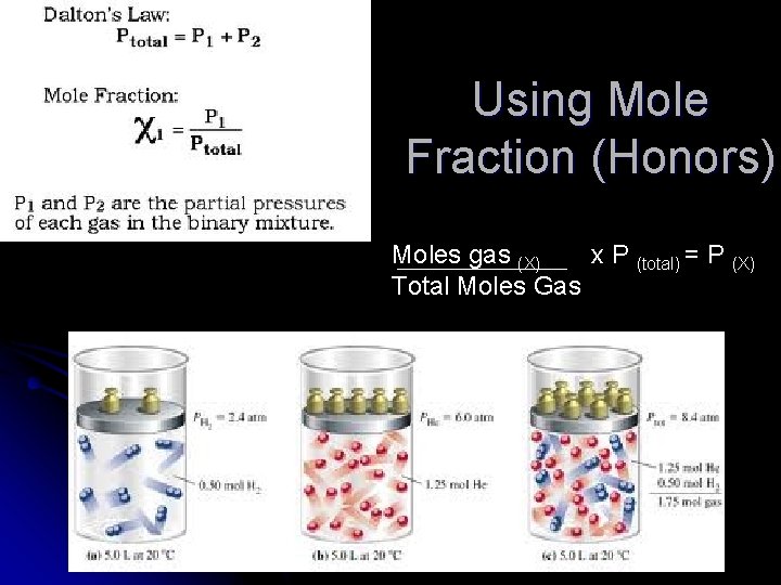 Using Mole Fraction (Honors) Moles gas (X) x P (total) = P (X) Total