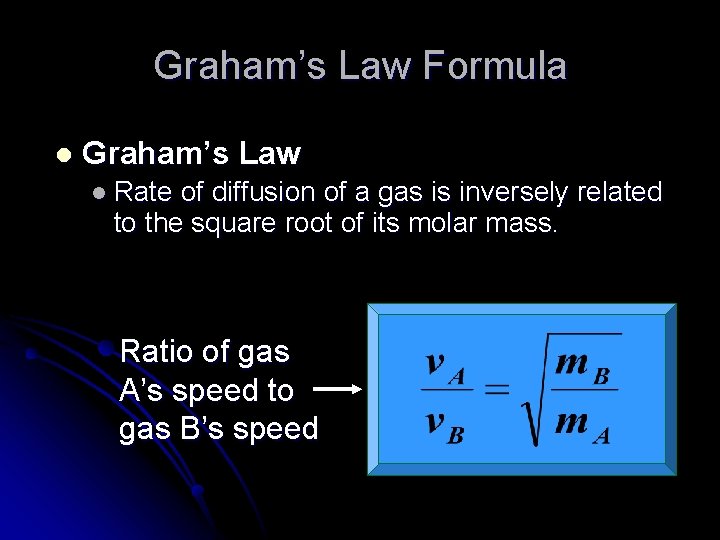 Graham’s Law Formula l Graham’s Law l Rate of diffusion of a gas is
