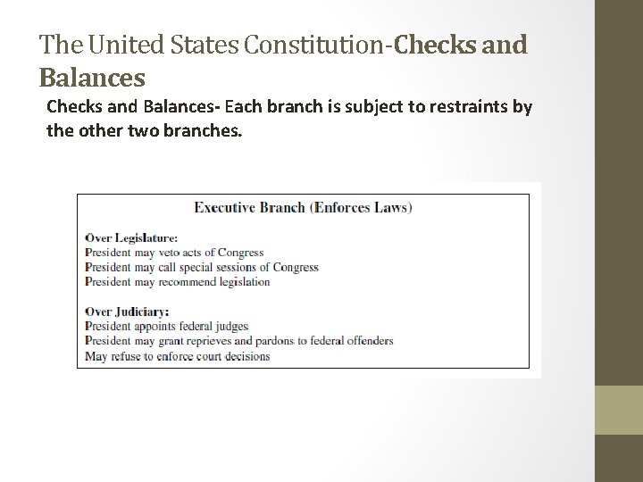 The United States Constitution-Checks and Balances- Each branch is subject to restraints by the