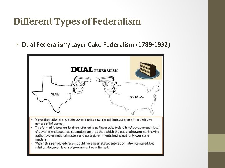 Different Types of Federalism • Dual Federalism/Layer Cake Federalism (1789 -1932) 