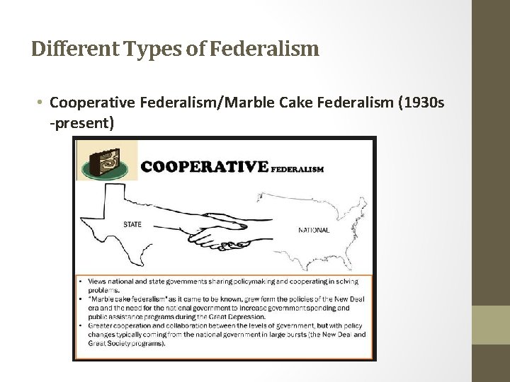 Different Types of Federalism • Cooperative Federalism/Marble Cake Federalism (1930 s -present) 