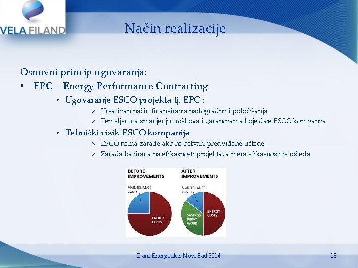 Način realizacije Osnovni princip ugovaranja: • EPC – Energy Performance Contracting • Ugovaranje ESCO Način realizacije Osnovni princip ugovaranja: • EPC – Energy Performance Contracting • Ugovaranje ESCO