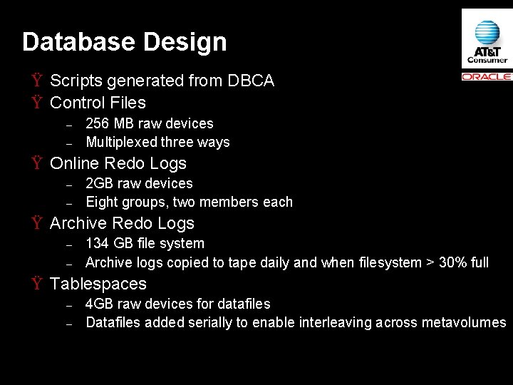 Database Design Ÿ Scripts generated from DBCA Ÿ Control Files – – 256 MB