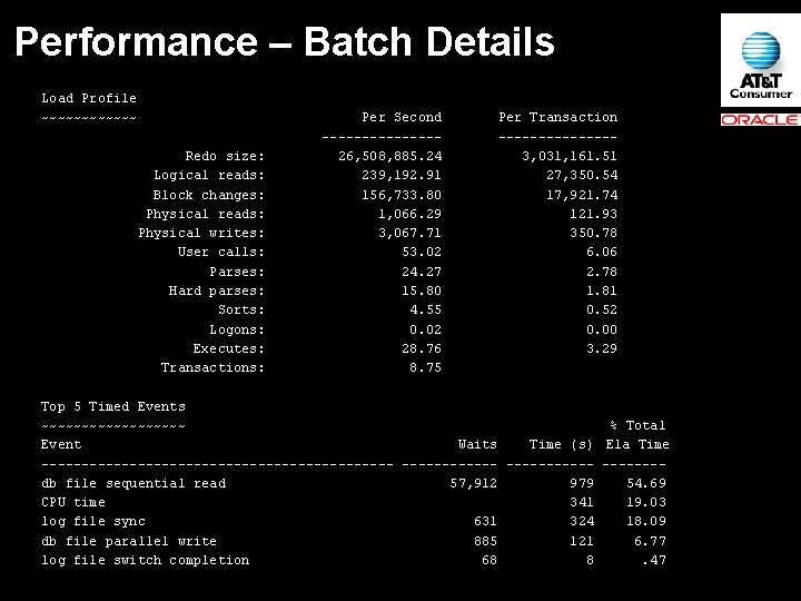 Performance – Batch Details Load Profile ~~~~~~ Redo size: Logical reads: Block changes: Physical