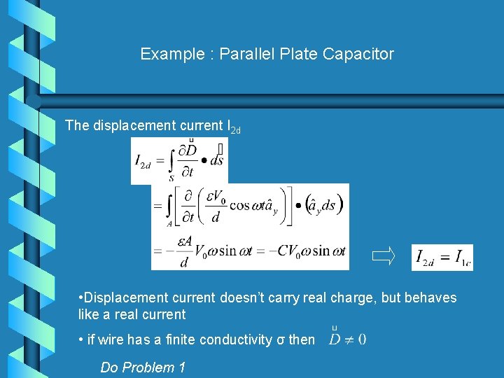 Example : Parallel Plate Capacitor The displacement current I 2 d • Displacement current