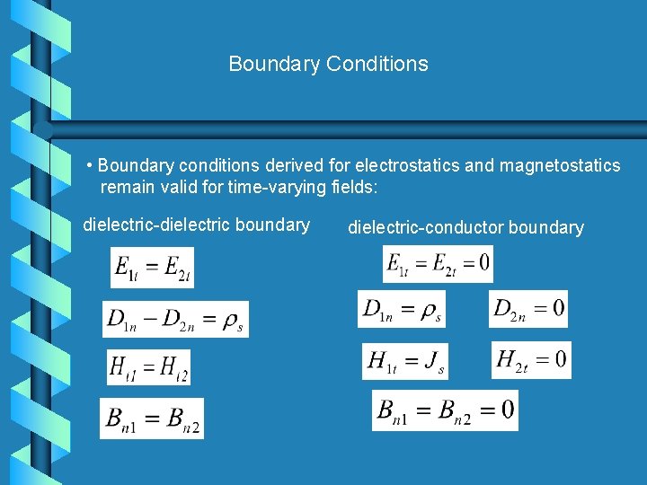 Boundary Conditions • Boundary conditions derived for electrostatics and magnetostatics remain valid for time-varying