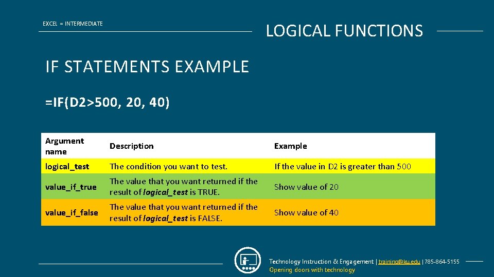 LOGICAL FUNCTIONS EXCEL = INTERMEDIATE IF STATEMENTS EXAMPLE =IF(D 2>500, 20, 40) Argument name